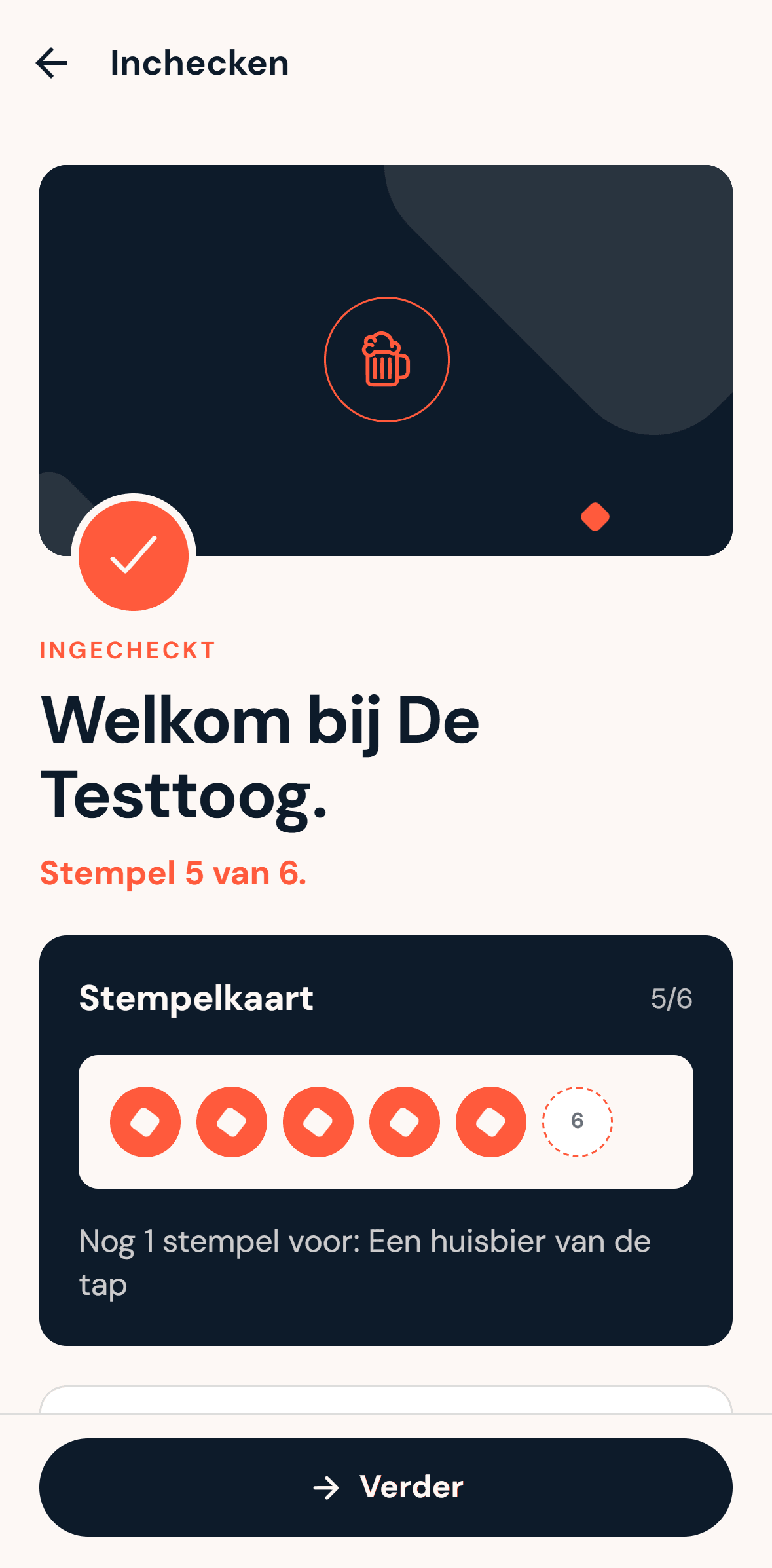 Het resultaat na een check-in bij De Testtoog, een fictief demo-café: stempel 5 van 6 op de stempelkaart