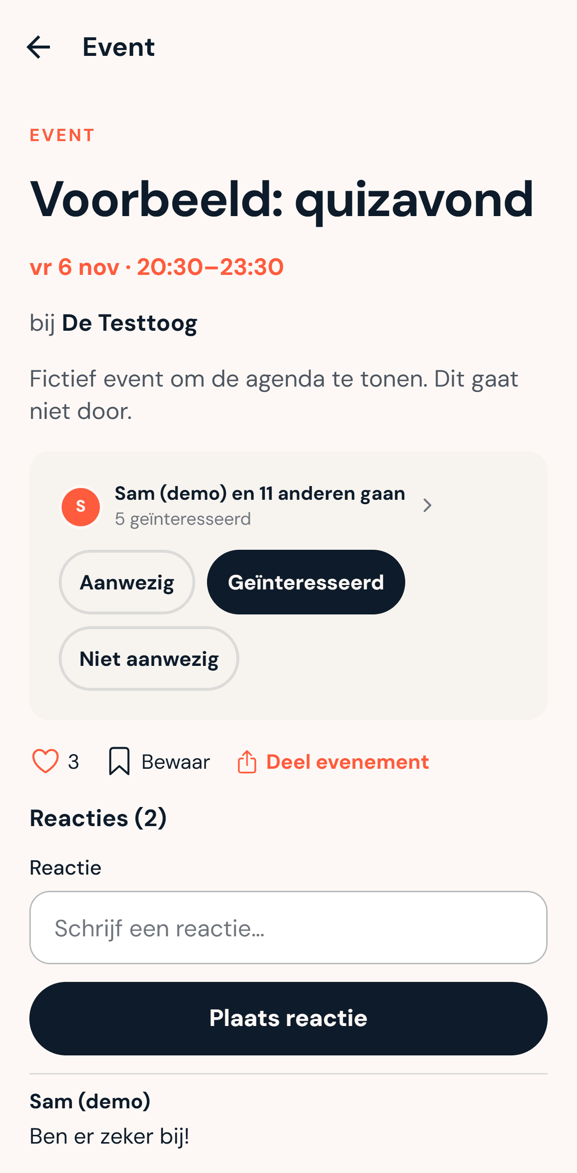 Een event in de app: een fictieve quizavond in De Testtoog, met wie er gaat en knoppen om aan te geven of je komt